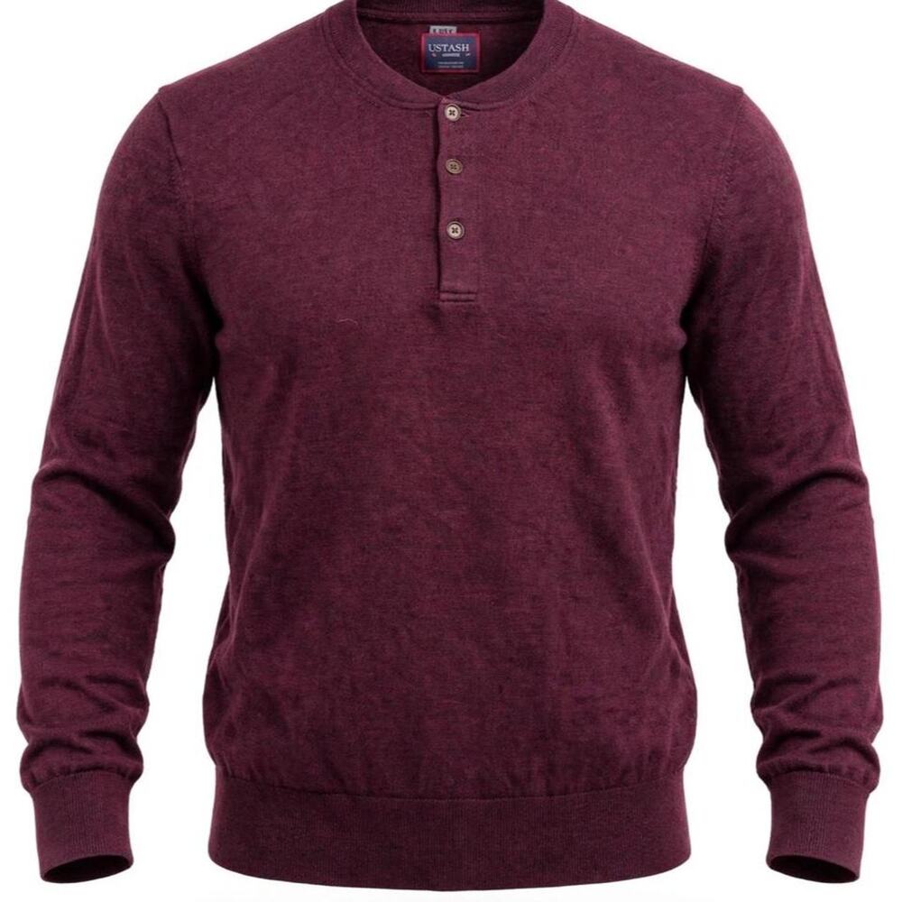 UNTUCKit Sweater Mens Medium Burgundy 100% Merino Wool Henley 3-Button Pullover